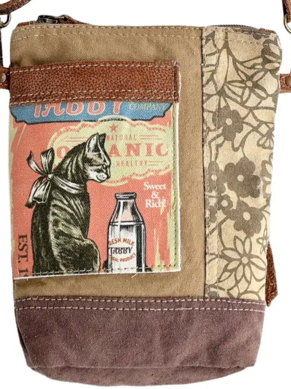 Cat Print Canvas Crossbody Bag - Brown & Tan